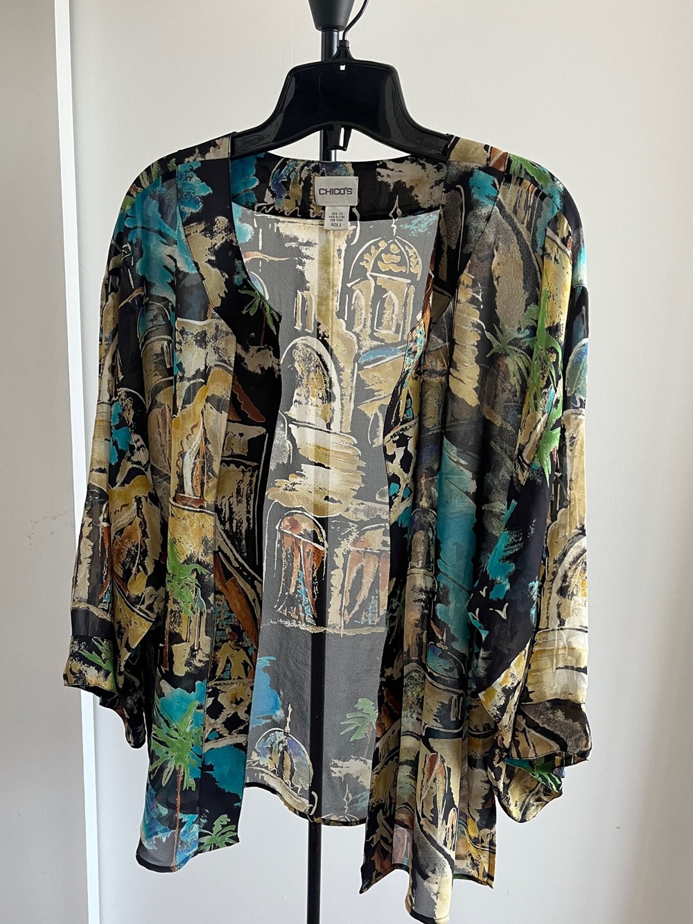 Chicos Jacket Top Blouse 100% Silk Sheer Open Front Turquoise & Black Print XL